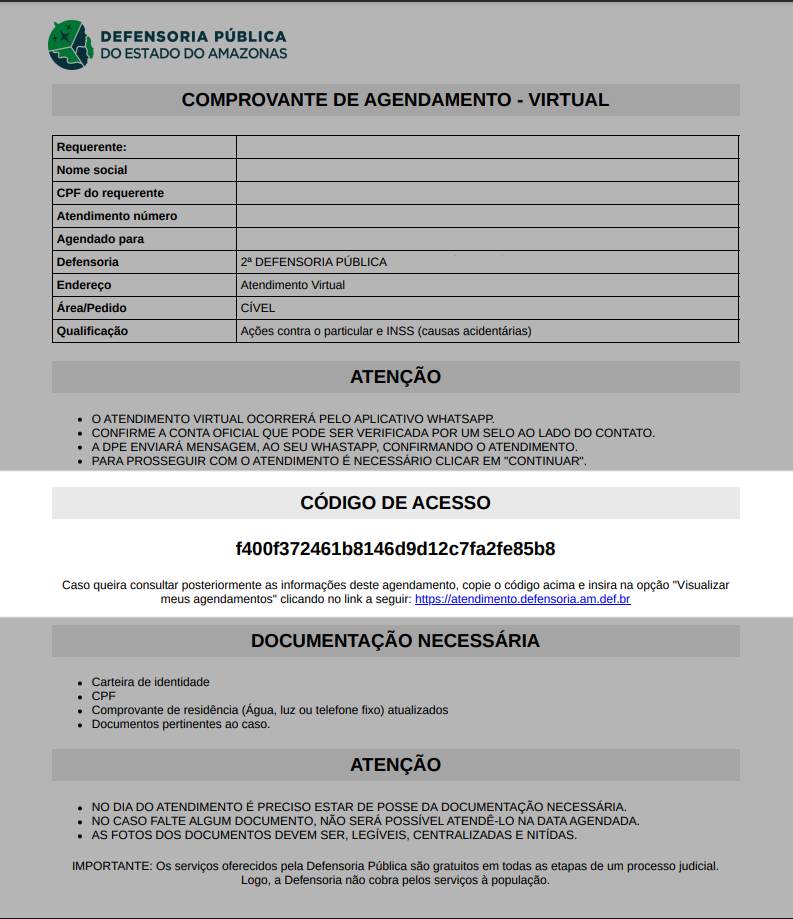 Exemplo de localização do código de acesso no comprovante de agendamento
